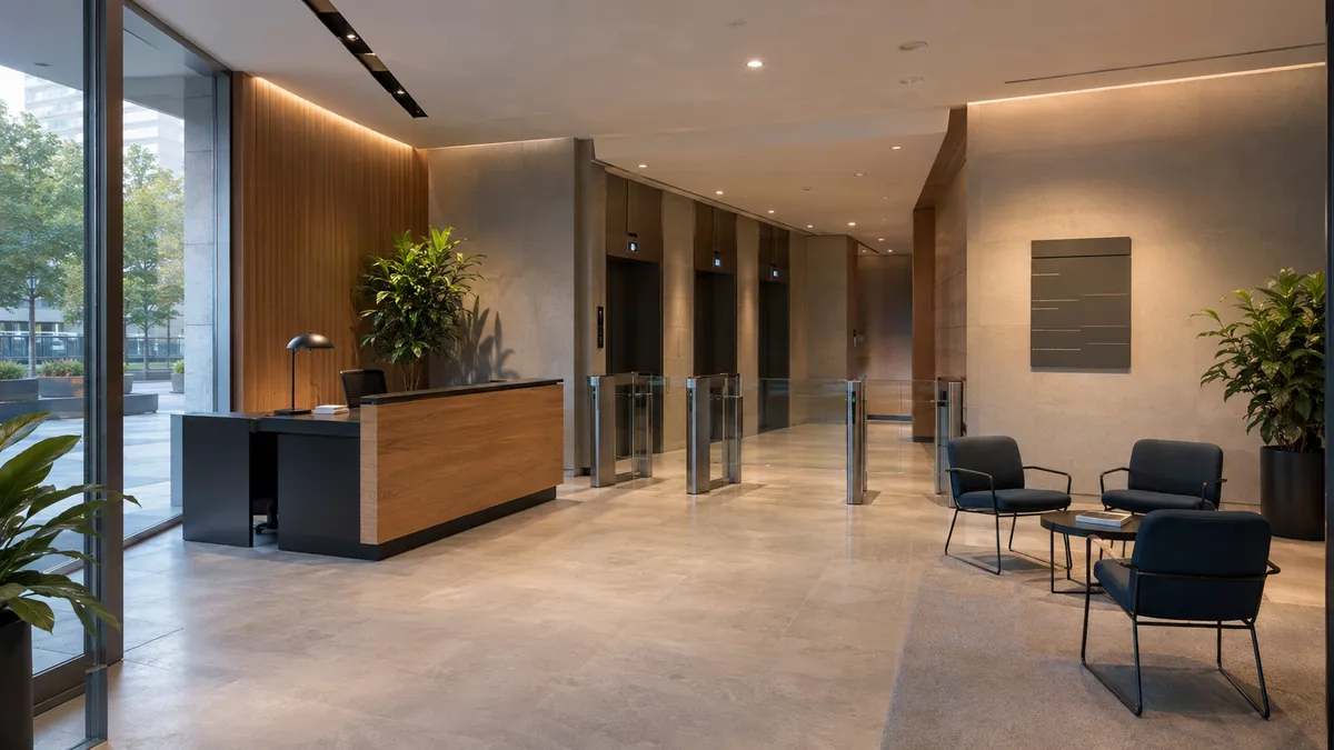 Recepción de un edificio de oficinas con control de accesos